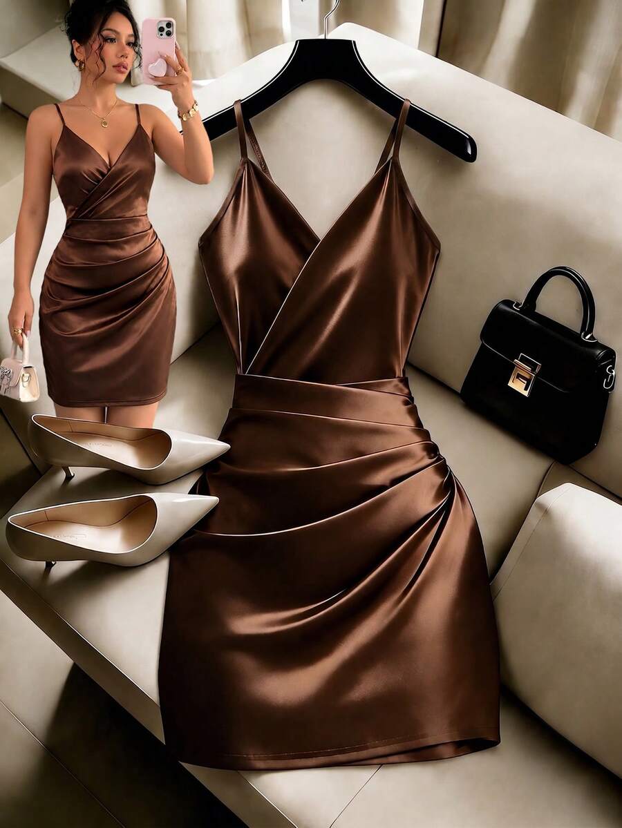 GlowEve Women's Elegant Sexy Coffee Brown Satin Glossy High Stretch Knit Cami Mini Dress, V Neck Spaghetti Strap Ruched Wrap Bodycon Party Date Night Summer - Brown - View 1