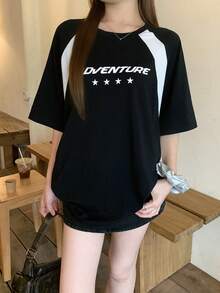 DAZY 女款字母印花圓領插肩袖休閒T恤，春夏圖案印花上衣，適合校園穿搭 - 黑色 - 查看 3