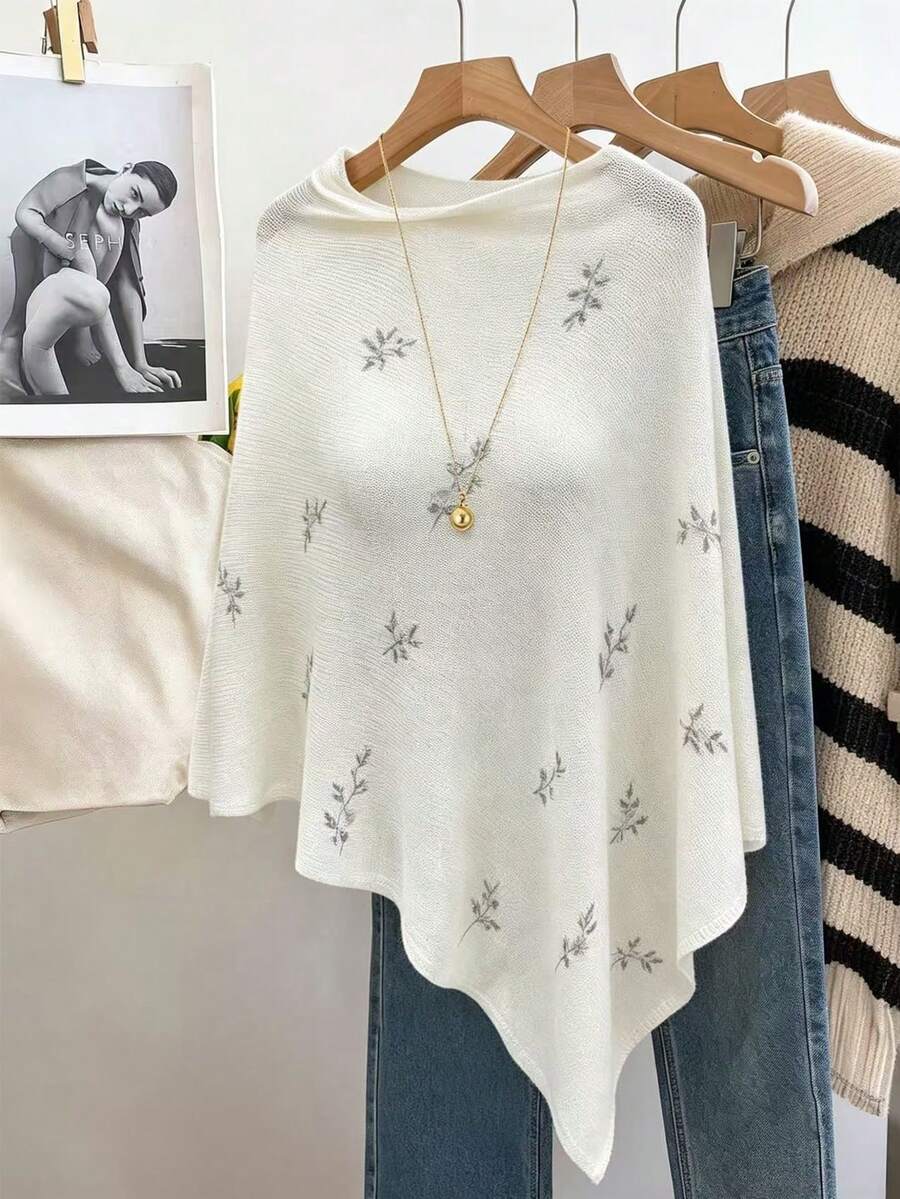 GlowEve CURVE Women's French Gentle Style Floral Print Asymmetrical Shawl Loose Knit Top - White - View 1