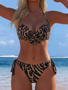 Swim Lushoire American Style Hot Girl Vintage Leopard Print Halter Neck Push-Up Top With Bow & Beaded Decoration, Back Tie & Side Tie Bikini Bottoms, Summer Vacation Music Festival Beach Party Niche Eye-Catching Hot & Relaxed Vibe Youthful Seaside Photo-Ready Island Holiday Outfit - Brown - View 1