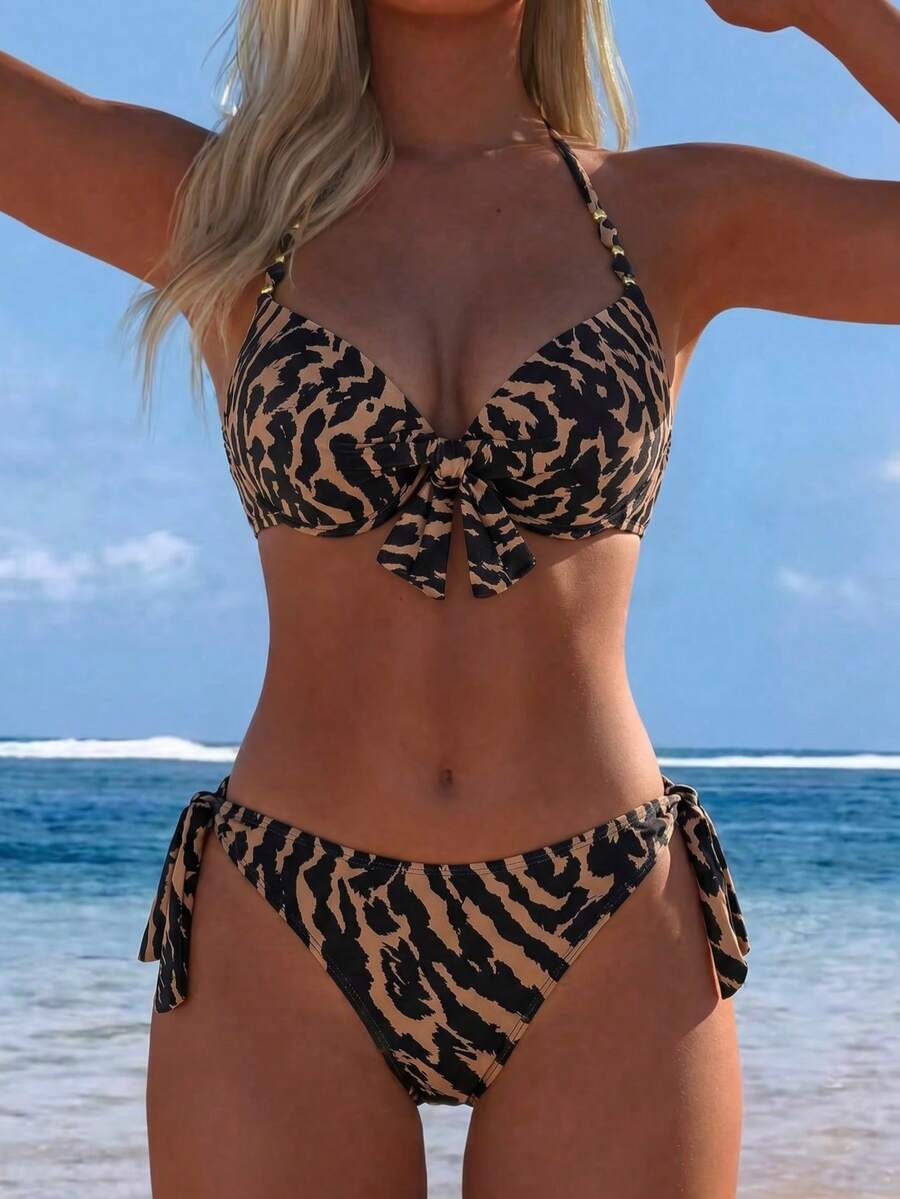 Swim Lushoire American Style Hot Girl Vintage Leopard Print Halter Neck Push-Up Top With Bow & Beaded Decoration, Back Tie & Side Tie Bikini Bottoms, Summer Vacation Music Festival Beach Party Niche Eye-Catching Hot & Relaxed Vibe Youthful Seaside Photo-Ready Island Holiday Outfit - Brown - View 1