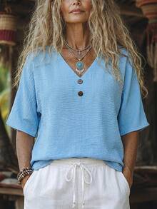Zayélia Blusa holgada de mujer con cuello en V y botones de estilo lino sintético, nueva temporada - Azul - Ver 1
