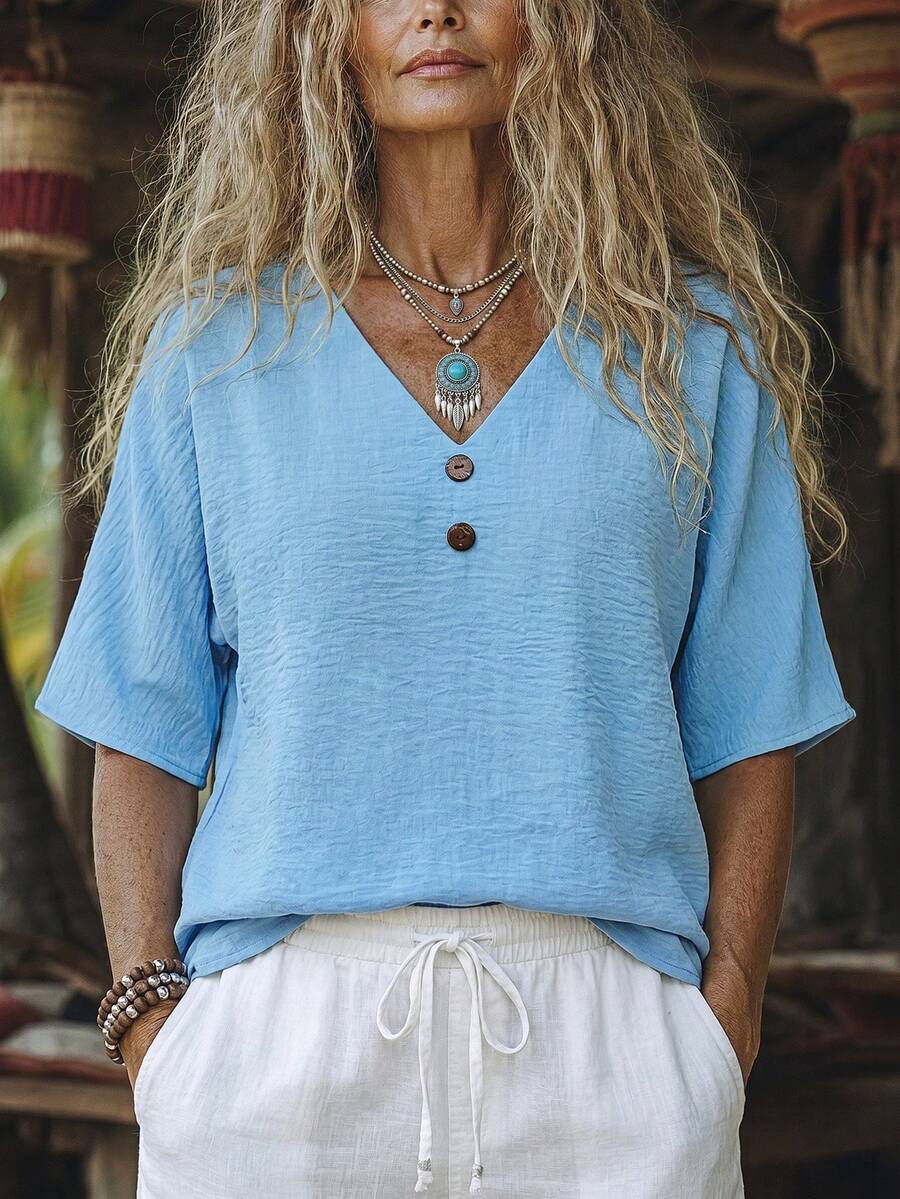 Zayélia Blusa holgada de mujer con cuello en V y botones de estilo lino sintético, nueva temporada - Azul - Ver 1