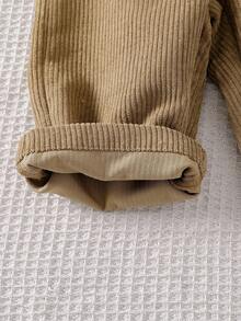 SHEIN Playful Pals 男嬰 0-3 歲 春/秋 卡其色字母刺繡裝飾燈芯絨嬰兒連身褲 適合外出、購物、生日派對 - 卡其色 - 查看 4