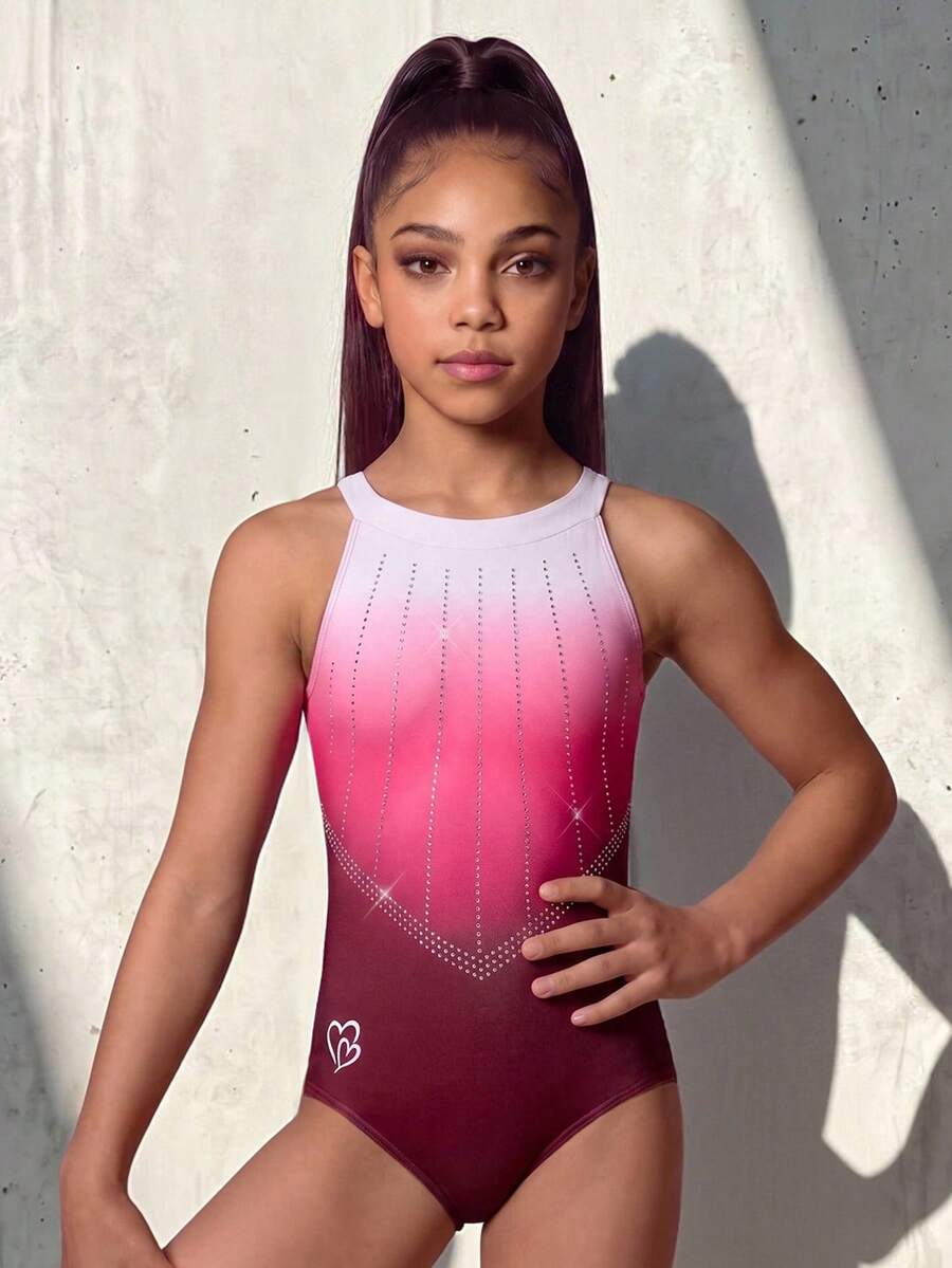 Tween Girls Cute Light Pink Gymnastics Leotard,Ombre Sleeveless Rhinestone Decor Activewear,4-Way Stretch Jumpsuit For Autumn Winter,Gym,Dance, Ballet - Multicolor - View 1