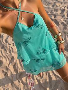 Soleia Women's Floral Sequin Fashion Cross-Neck Mini Dress - Teal Blue - View 1
