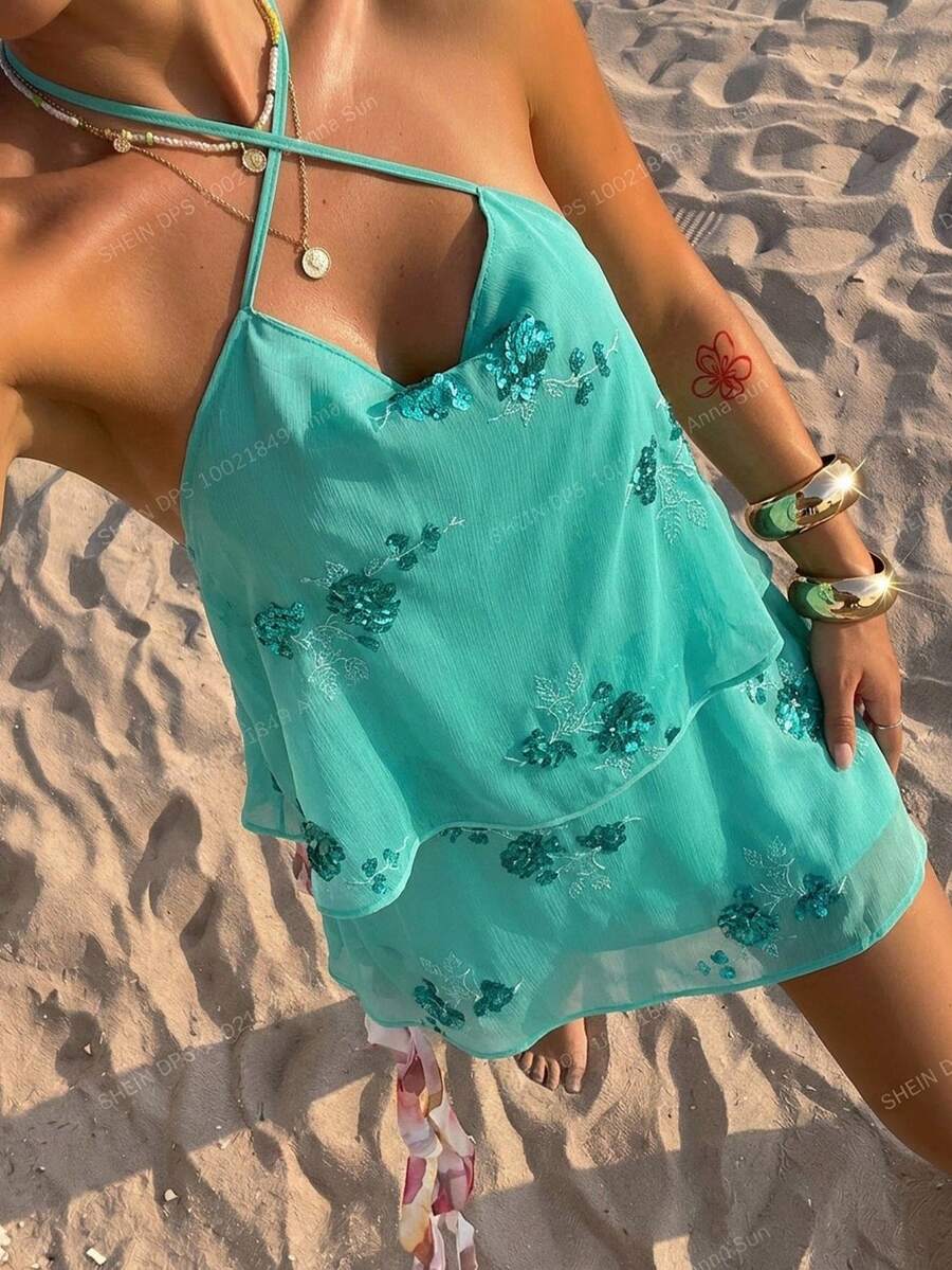 Soleia Women's Floral Sequin Fashion Cross-Neck Mini Dress - Teal Blue - View 1