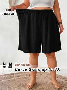 SHEIN CURVE+ 大码女式纯色打结阔腿休闲宽松短裤，黑色短裤，阔腿短裤，松紧腰短裤，黑色裙裤，松紧腰休闲短裤，秋季 - 黑色 - 查看 2