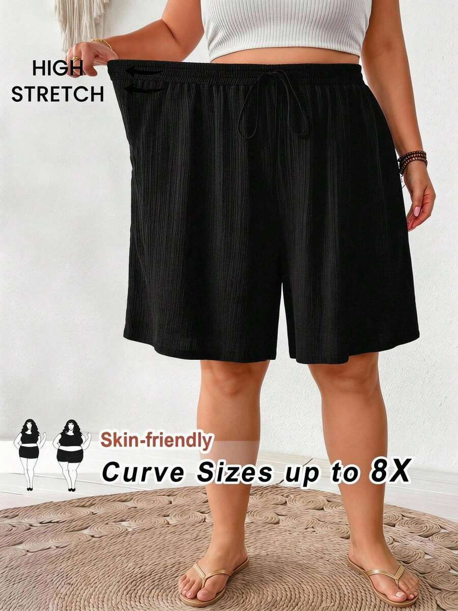 SHEIN CURVE+ 大码女式纯色打结阔腿休闲宽松短裤，黑色短裤，阔腿短裤，松紧腰短裤，黑色裙裤，松紧腰休闲短裤，秋季