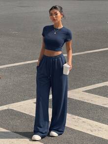 SHEIN EZwear 两件套女士百搭短袖露脐T恤和休闲抽绳腰带口袋裤套装 - 藏蓝色 - 查看 4