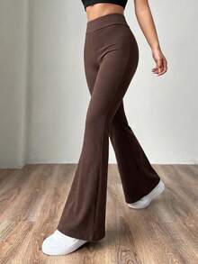 SHEIN EZwear 女款素色高腰修身針織喇叭褲 - 巧克力棕 - 查看 6