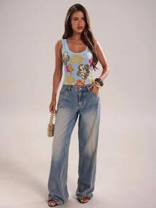 SHEIN BAE Spring/Summer Women's Casual Vacation Blue Square/Round Neck Beaded Embroidery Contrast Trim Vest Top, Heavy Craftsmanship Top, Blue And White Contrast Top, Suitable For Casual Outings, Daily Wear, Music Festivals, Commuting, Daily Study And Work Wear, Blue Top - Baby Blue - View 5