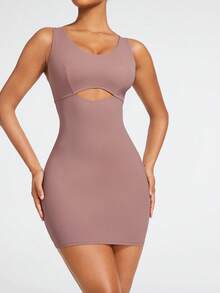 SHAPORA Vestido Moldeador Con Ribete De Pom Pom Y Cuello Redondo De Color Sólido Para Mujeres - Rosa vieja - Ver 4