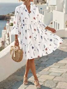 SHEIN Clasi Women's Floral Print Ruffle Hem Fashion Vacation Dress Vacation White And Blue Floral Autumn Boho - Multicolor - View 5
