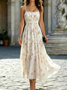 SHEIN White And Pink Summer Ditsy Floral Spaghetti Strap Maxi Dress,Casual Holiday Party Square Neck Waist Cinching Tiered Ruffle Elegant Girlish Charm - Multicolor - View 1