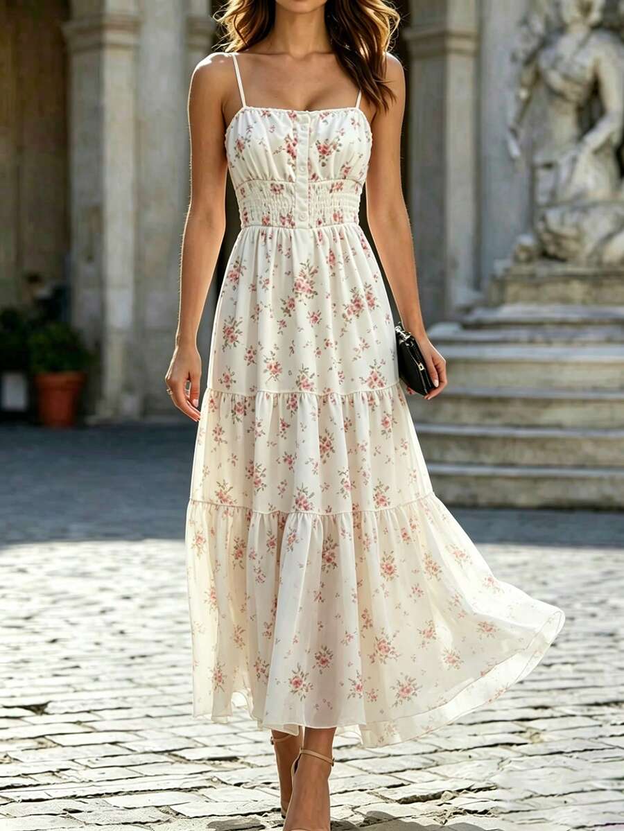 SHEIN White And Pink Summer Ditsy Floral Spaghetti Strap Maxi Dress,Casual Holiday Party Square Neck Waist Cinching Tiered Ruffle Elegant Girlish Charm - Multicolor - View 1