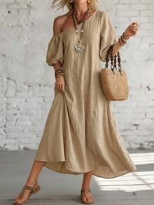 SHEIN Holidaya Boho Jamican Sexy Tropical Asymmetrical Shoulder Puff Short Sleeve Dress Vacation Khaki Green Summer - Khaki - View 3