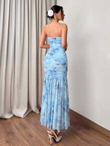 Firerie Women's Light Blue Floral Printed Pleated Bandeau Vacation Fashion Dress Holiday Vacation Summer Tropical - Blue - View 3