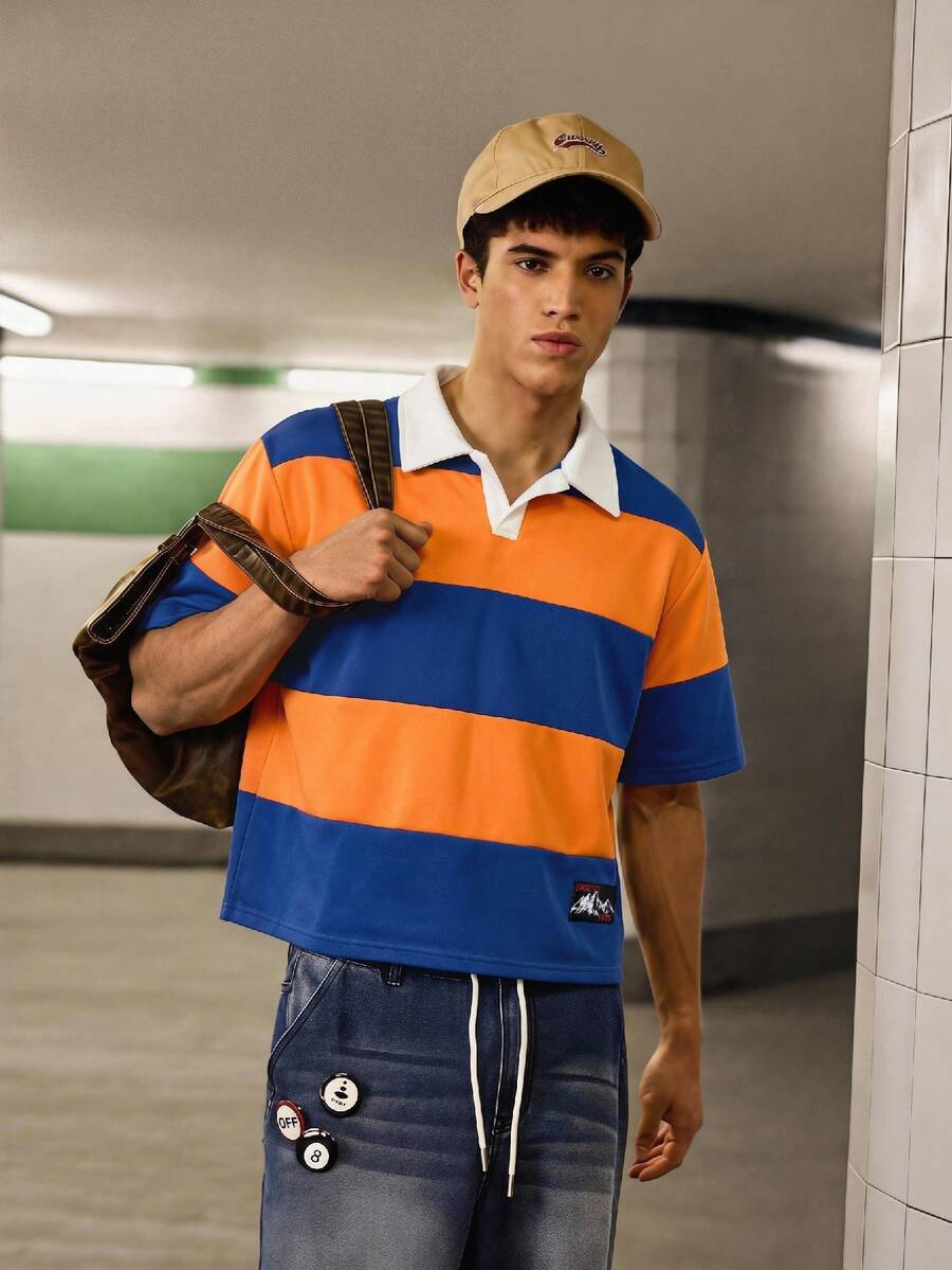 Manfinity BRENVOR Men's Summer Casual Loose Fit POLO Shirt Standard Size Solid Blue And White Color Block - Multicolor - View 1