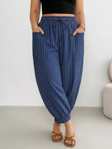 Shapeblank Women's Plus Size Vacation Style Drawstring Elastic Waistband Pocket Striped Pants, Spring Women's Clothing - Multicolor - View 4