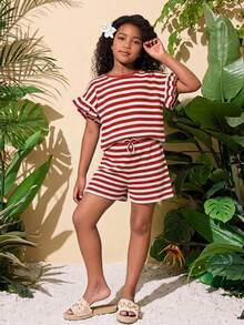 SHEIN Tween Girl 針織圓領休閒T恤與寬鬆長褲 2件套 - 紅白色 - 查看 5