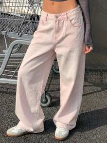 DAZY Vintage Loose Straight Leg Washed White Women Jeans - Pink - View 4