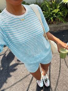 Muchica 2件組女款寬鬆條紋圓領T恤與鬆緊腰條紋長褲，春夏針織感套裝，春夏風格，奶油黃，休閒套裝，家居服，休閒睡衣，新年睡衣，親子聖誕睡衣套裝，女款休閒套裝，棕色2件組，春季女裝 - 淺藍色 - 查看 3