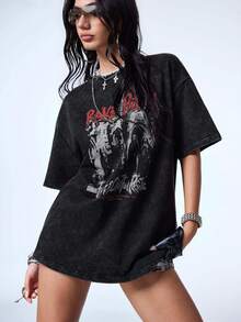 Y2Kool Charcoal Gray Washed Distressed Cotton Blend Vintage Band Portrait Gothic Y2K Streetwear Women's Oversize Short Sleeve T-Shirt Summer - Black - View 5