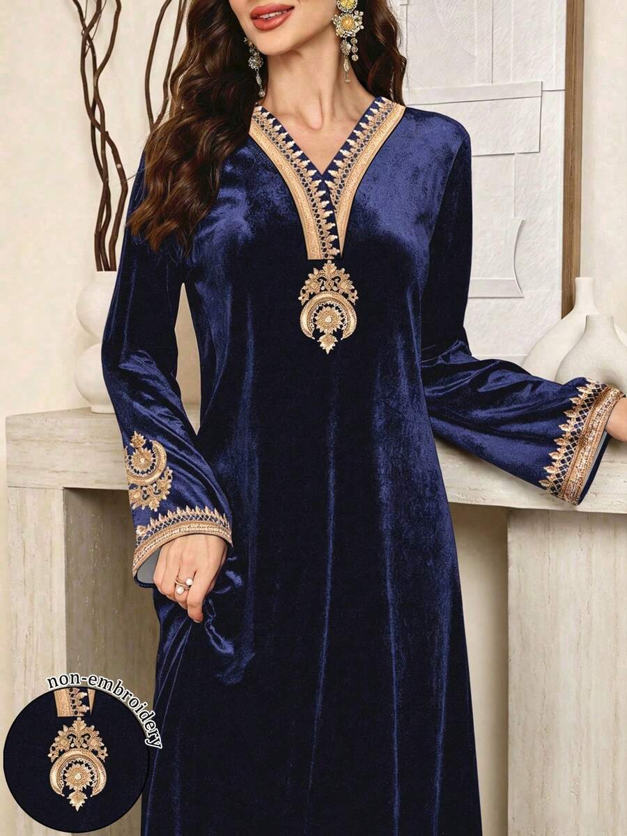 SHEIN Najma 女士复古印花长袖优雅丝绒阿拉伯连衣裙，春秋季 - 綠色 - 查看 1