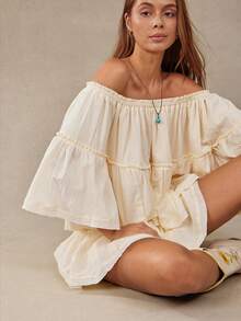 WESTFADE 100% Cotton Gauze Convertible Off Shoulder Tiered Ruffle Top & Smocked Waist Tiered Raw Edge Flowy Skort Women Two Pieces Matching Sets, Country Style - Apricot - View 1