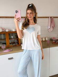 SweetSlumber Heart Stripe Print Knit Round Neck Women's Pajama Short Sleeve Long Pants Set - Multicolor - View 1