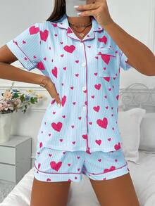 SHEIN Heart Print Lapel Open Front Short Sleeve Shorts Ribbed Pajama Set - Blue - View 3