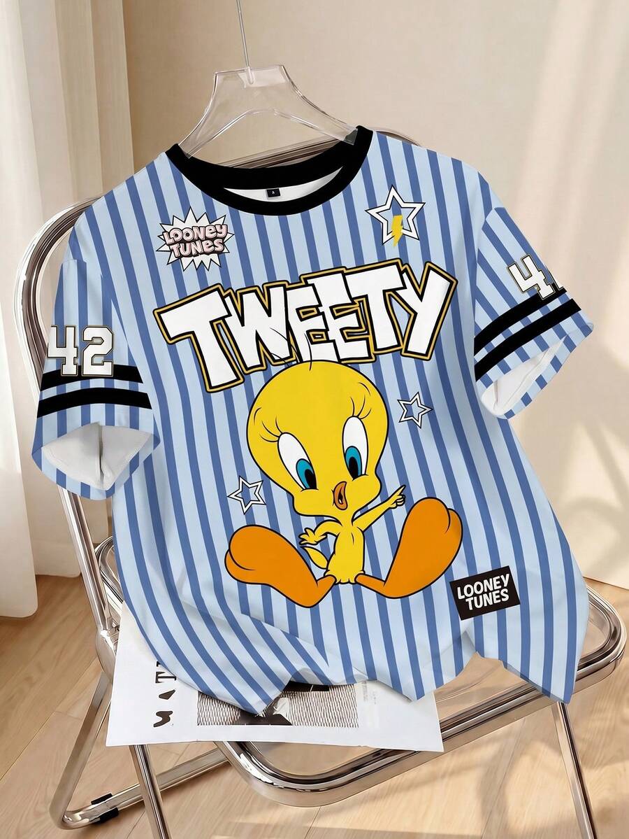 LOONEY TUNES X SHEIN 女士条纹卡通印花圆领休闲短袖T恤 - 白色 - 查看 1
