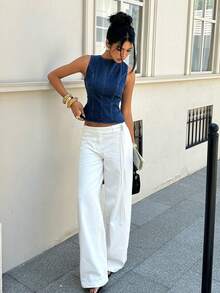 Siren Gaze Top in denim da donna, costume estivo per carnevale, per il pendolarismo, laurea, stile chic Y2k, carino, streetwear, coquette - Blu lavato scuro - Visualizzare 6