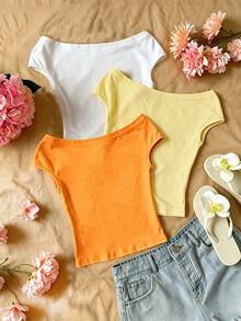 Sparklyn 3pcs/Set Girls' Vacation Fitted Off-Shoulder Multi-Color T-Shirts - Multicolor - View 2