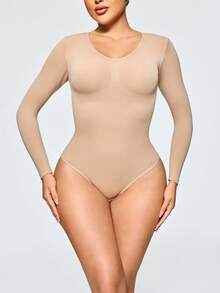 SHAPORA 女士纯色圆领长袖修身紧身衣 - 杏色 - 查看 4