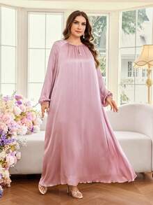 Al Najma Abito casual ampio da donna con maniche a spalla scoperta, di colore unito, adatto per la primavera/estate, taglie comode, stile arabo - Viola malva - Visualizzare 4