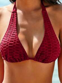 Swim Vcay 女款紋理面料度假風掛脖綁帶性感比基尼兩件式泳衣套裝 - 酒紅色 - 查看 3