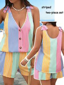 EMERY ROSE Plus Size Women Striped Single-Breasted Vest Shirt And Shorts Casual 2 Pieces Set - Multicolor - View 6