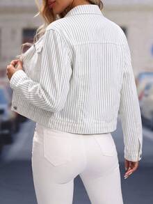 EMERY ROSE Women's Striped Long Sleeve Single-Breasted Casual Denim Jacket - White - View 2