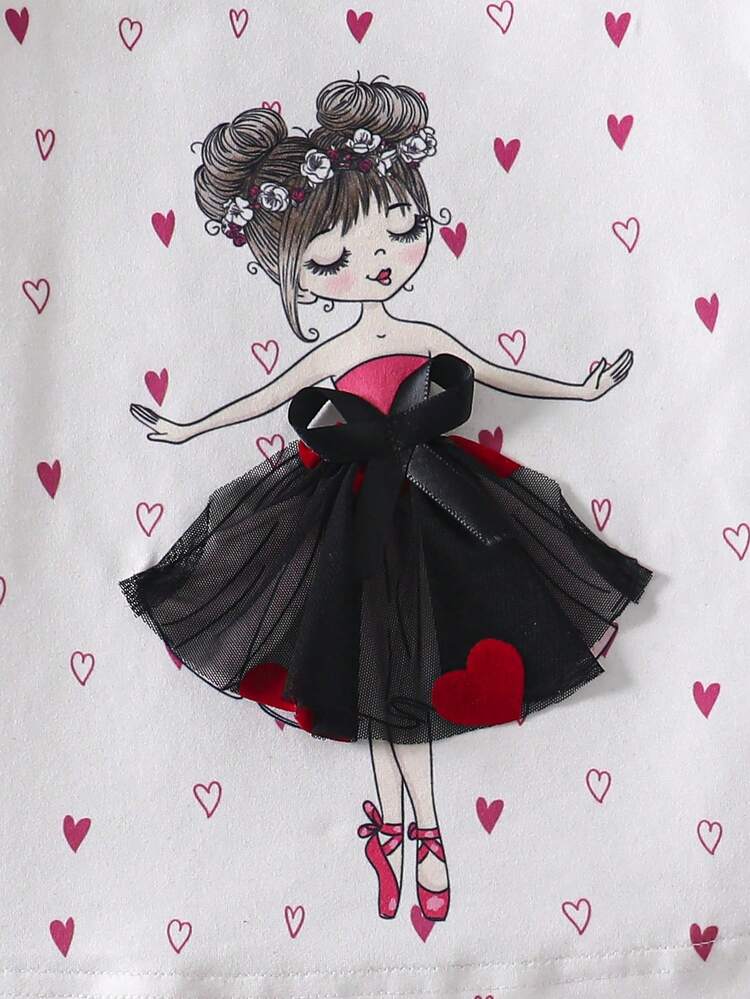 SHEIN Elladie kids Young Girl 3D Mesh Bow Decor Heart Print Round Neck T-Shirt And Exquisite Skirt Set - Black - View 9