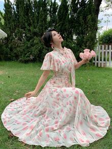 Modelyn 女款綁腰抓皺雪紡花卉印花A字洋裝 - 彩色 - 查看 6