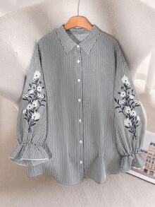 CosyJoli Plus Size Women's Casual Striped Long Sleeve Shirt, Embroidered Shirt, Button-Up Blouse Top - Black and White - View 7