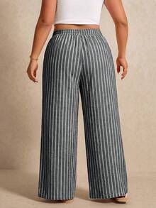 Elaquor Plus Size Women's Drawstring Waist Striped Pattern Loose Versatile Long Pants - Black - View 3