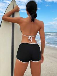 SHEIN Swim Summer Beach Contrast Trim Knotted Detail Bikini Set - Black and White - View 2