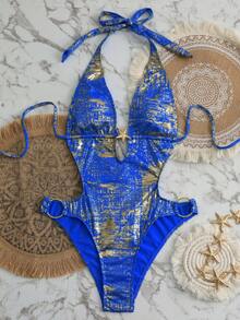 Swim SXY 夏季海灘度假女款掛脖特殊面料一件式泳衣，側邊飾邊設計 - 寶藍色 - 查看 4