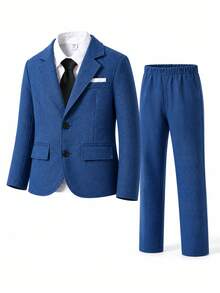 SHEIN Bộ vest 2 món cho bé trai tuổi teen, trang phục quý ông lịch sự cao cấp, thời trang nam tính cho tiệc, công sở, đám cưới, biểu diễn sân khấu và MC, áo blazer dài tay + quần dài, mùa xuân hè thu - Màu xanh hải quân - Xem 7