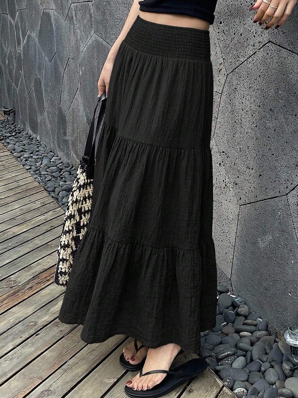 Women's Textured Vacation Elastic Waist Ruffle Hem Skirt