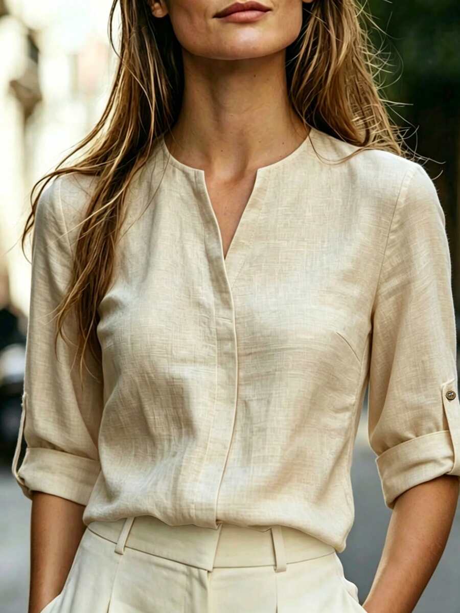 Balvessa Women's Sleeveless Stand Collar Faux Linen Vest, Commuter Versatile Slimming Top - Apricot - View 1
