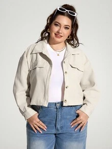 SHEIN Unity 大码秋装女装纯色简约休闲长袖夹克秋季夹克和秋季女装冬装 - 米色 - 查看 4